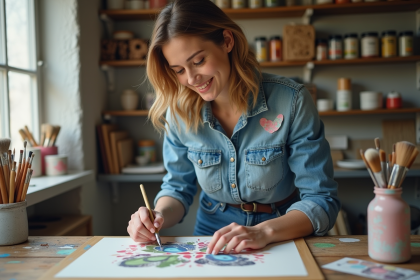 Femme en atelier peignant avec pochoir sur bois