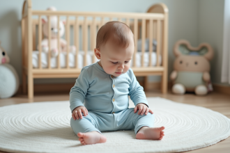 Bébé garçon de 6 mois en body bleu dans une chambre douce