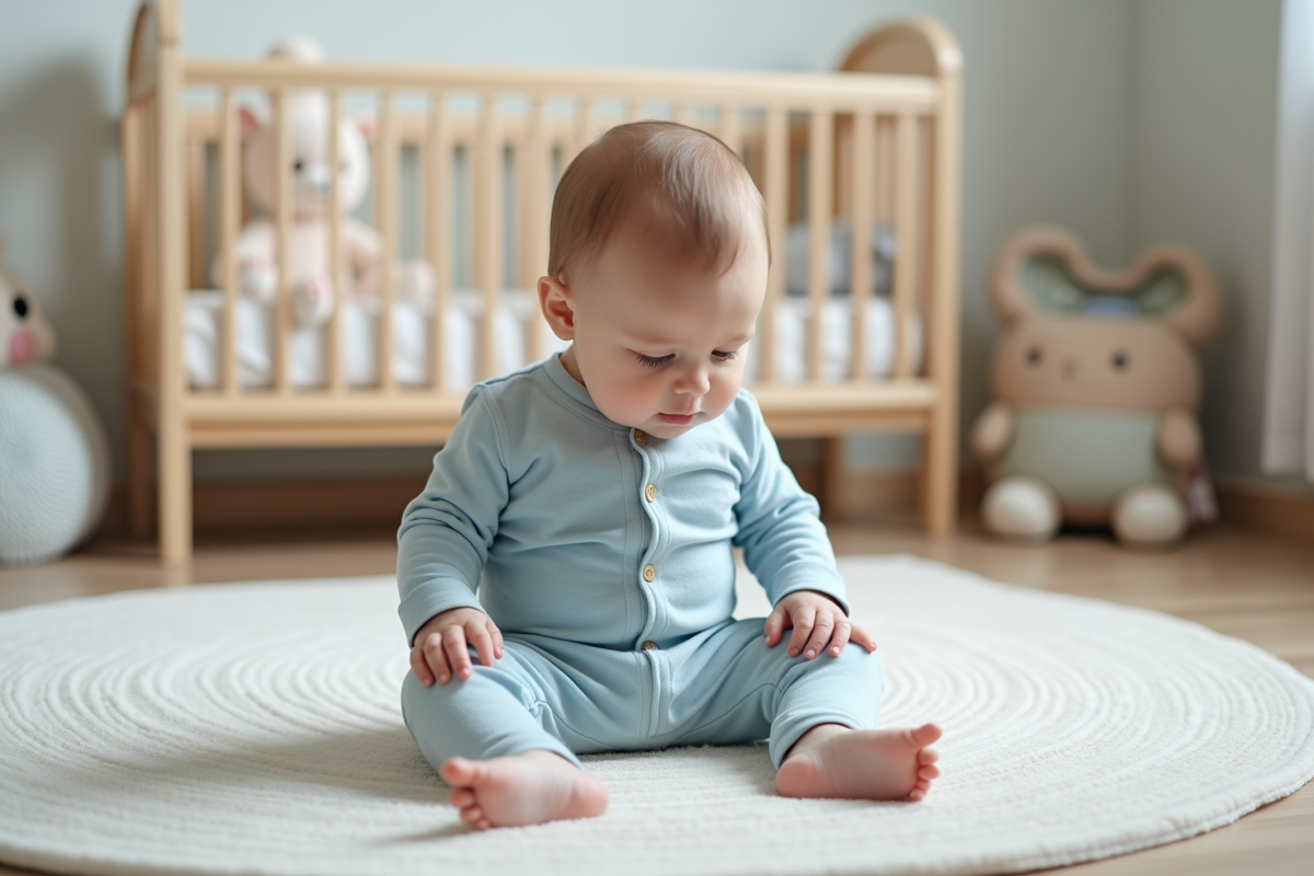 Bébé garçon de 6 mois en body bleu dans une chambre douce