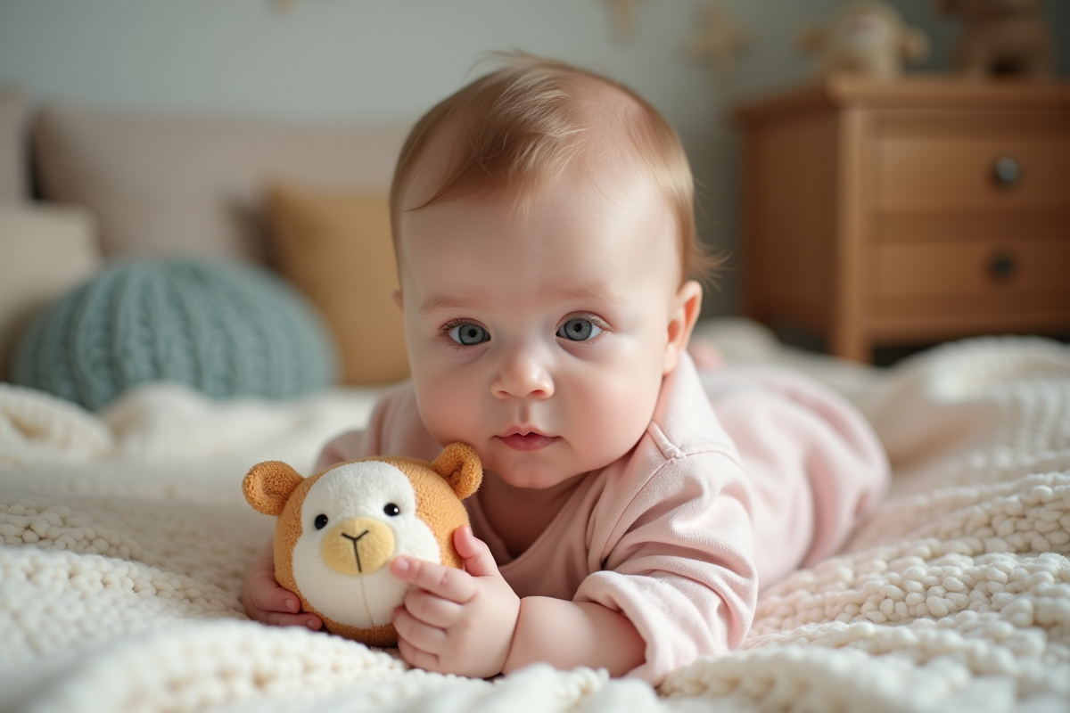 Bebe fille de six mois avec doudou coloré dans un berceau