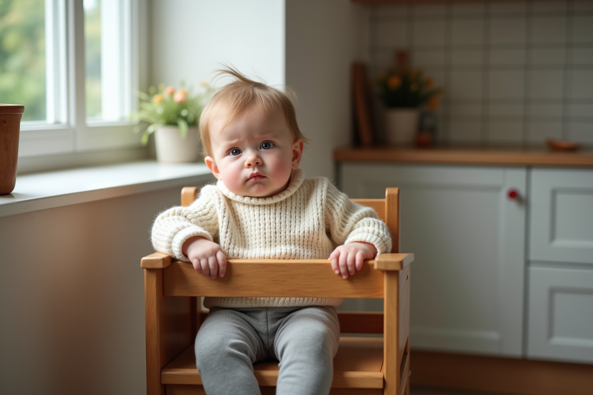 Bébé fille de 9 mois en pull crème dans une chaise haute