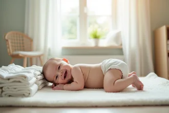 Bébé souriant allongé sur un tapis doux avec couches en tissu à côté