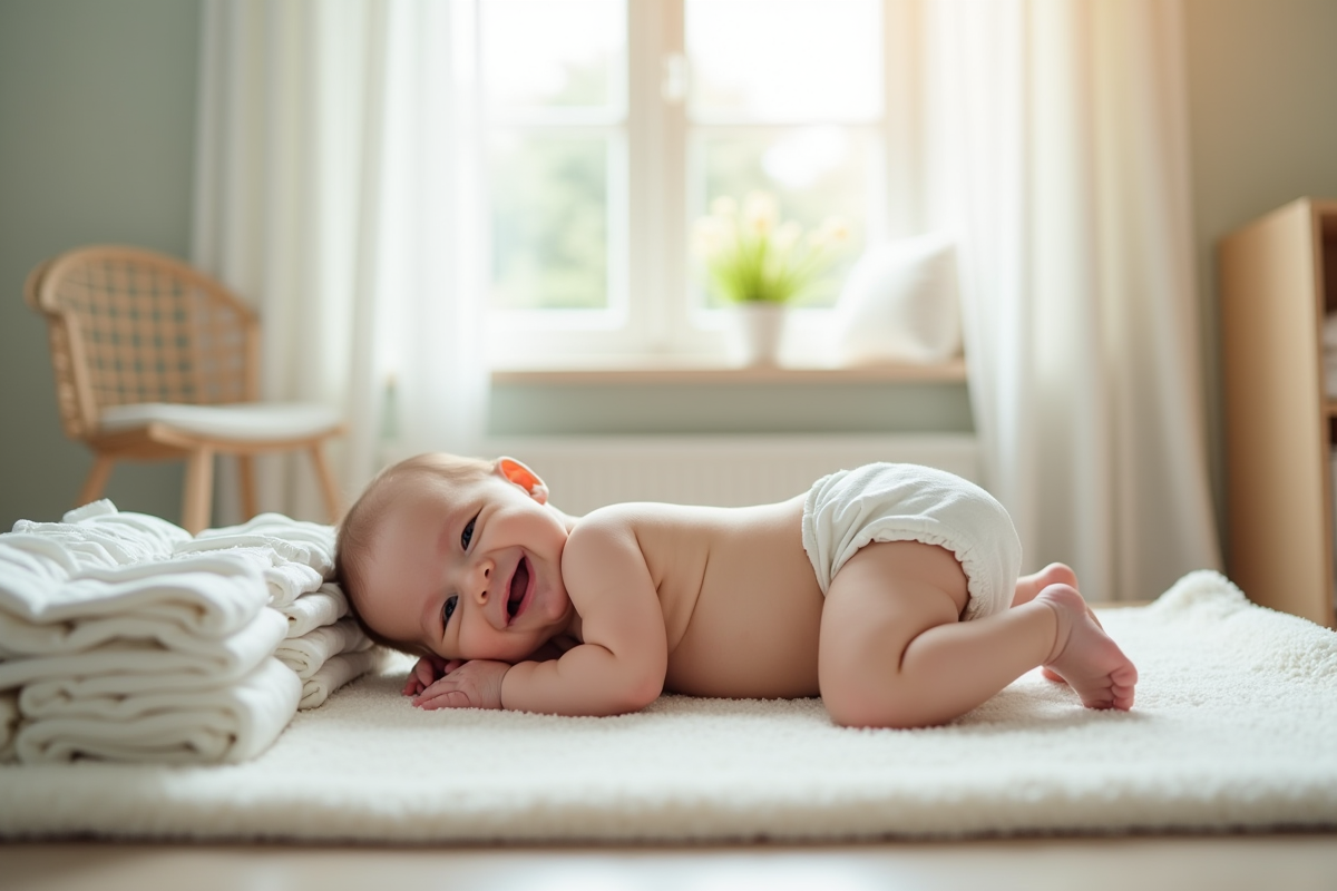 Bébé souriant allongé sur un tapis doux avec couches en tissu à côté