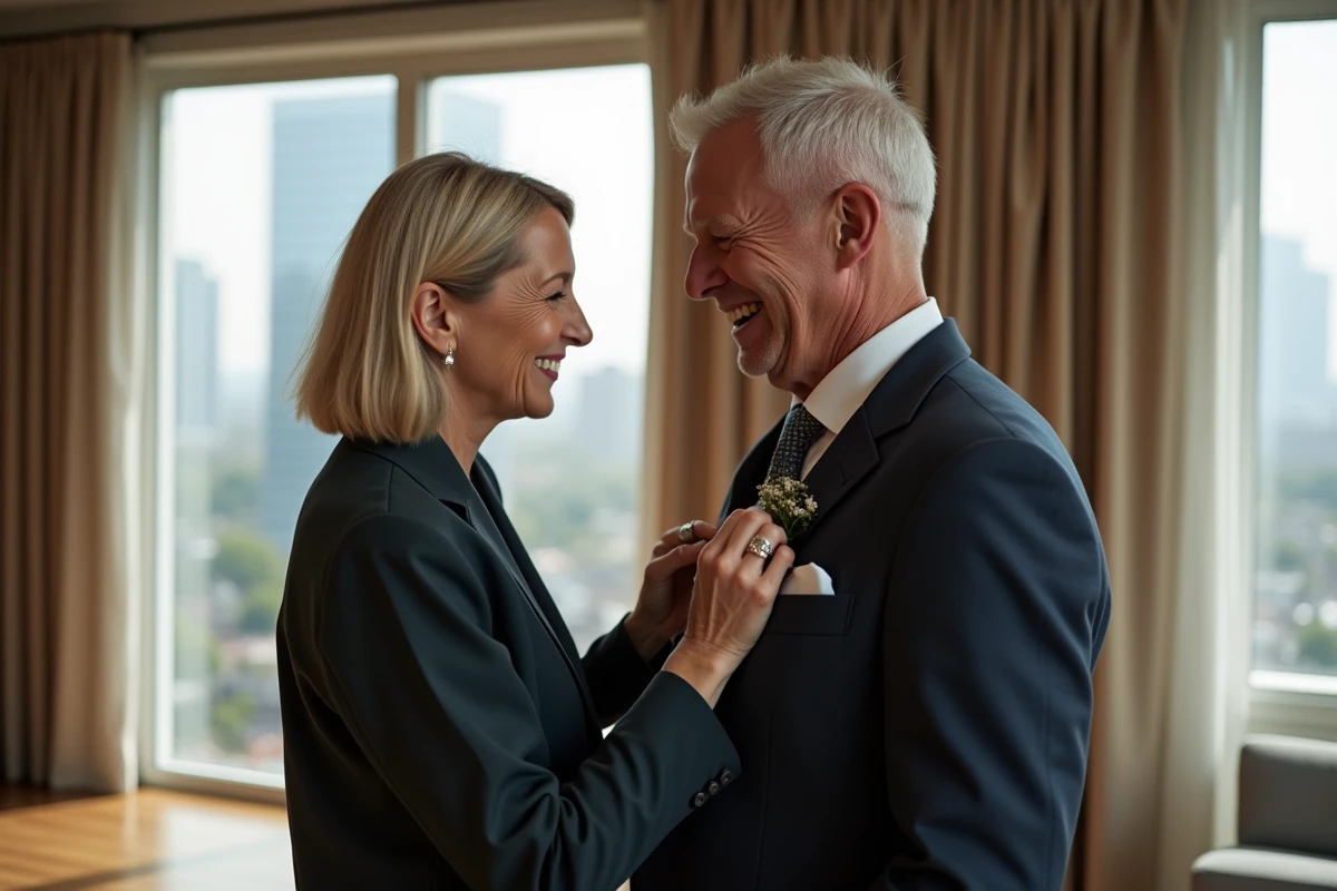 Couple mature ajustant la boutonnière en intérieur moderne