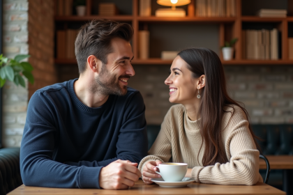 Couple souriant dans un café cosy ambiance chaleureuse