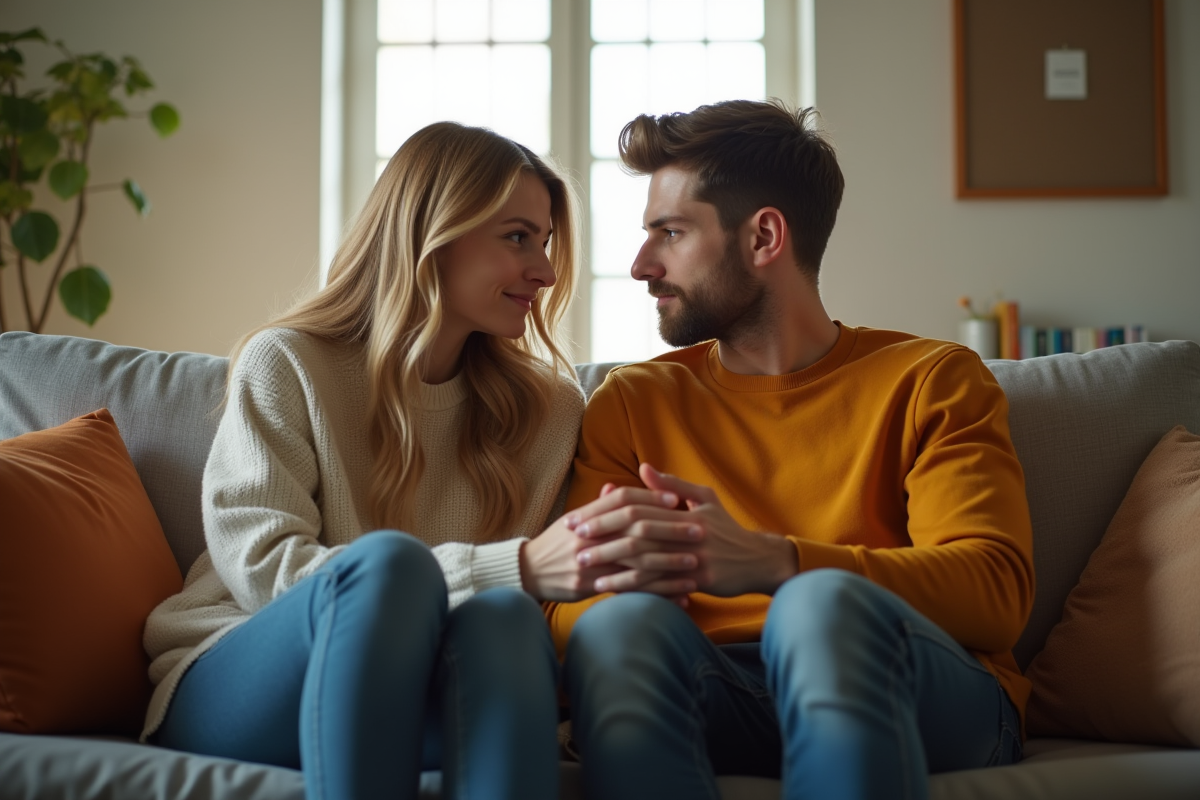 Jeune couple discutant dans un salon chaleureux