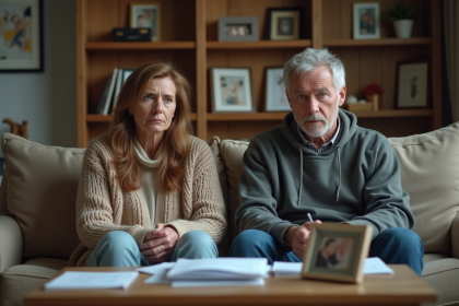 Couple d'adultes séparés sur un canapé dans un salon modeste