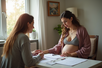 Doula soutenant une femme enceinte lors d'une consultation à domicile