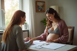 Doula soutenant une femme enceinte lors d'une consultation à domicile