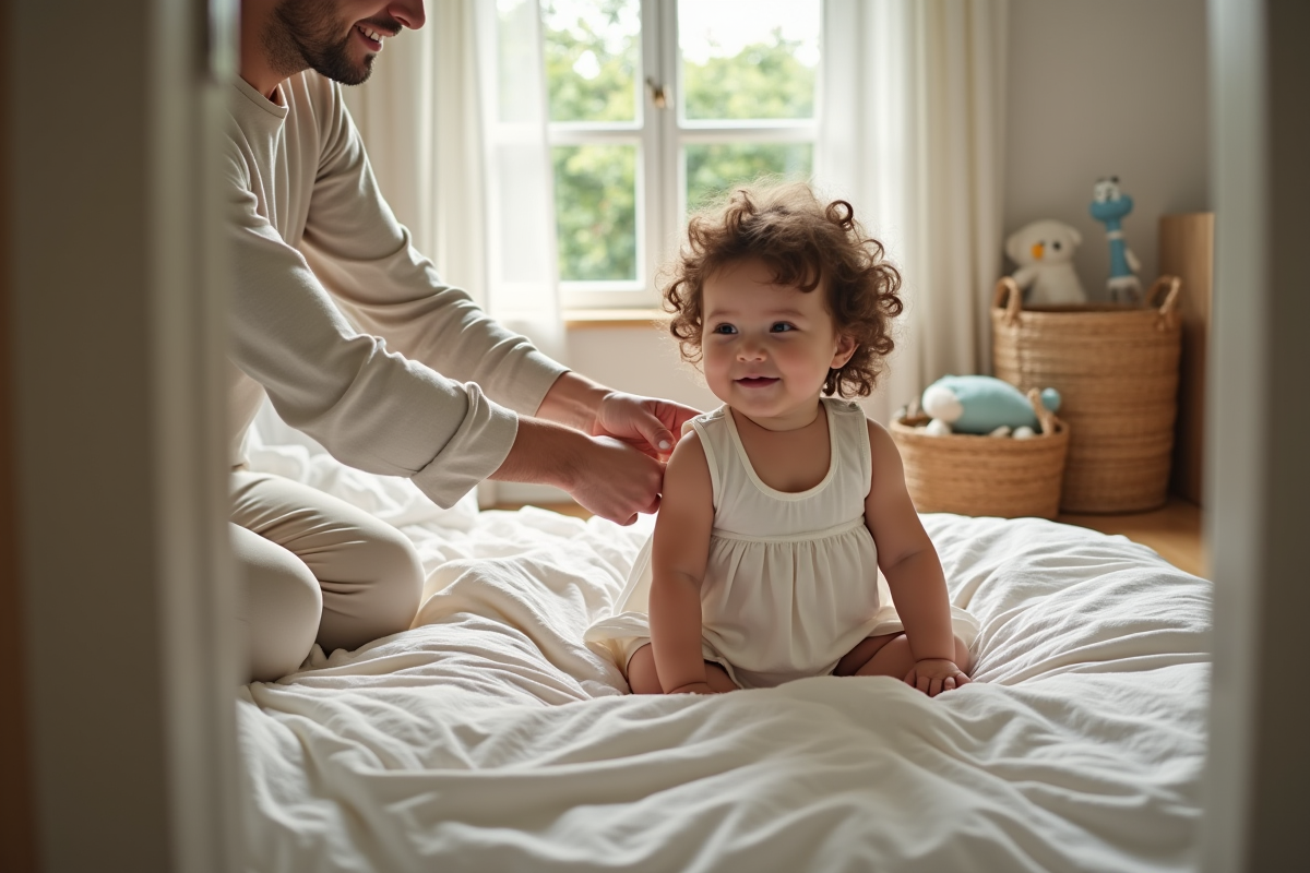 Fille endormie being bercée par un parent souriant