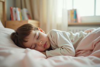 Enfant de trois ans dormant dans un lit douillet