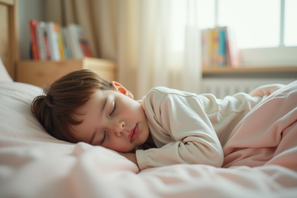 Enfant de trois ans dormant dans un lit douillet