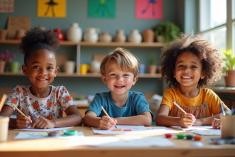 Trois enfants souriants en atelier d'art à l'école