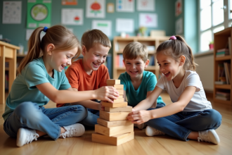 Groupe d'enfants construisant une tour de blocs en classe