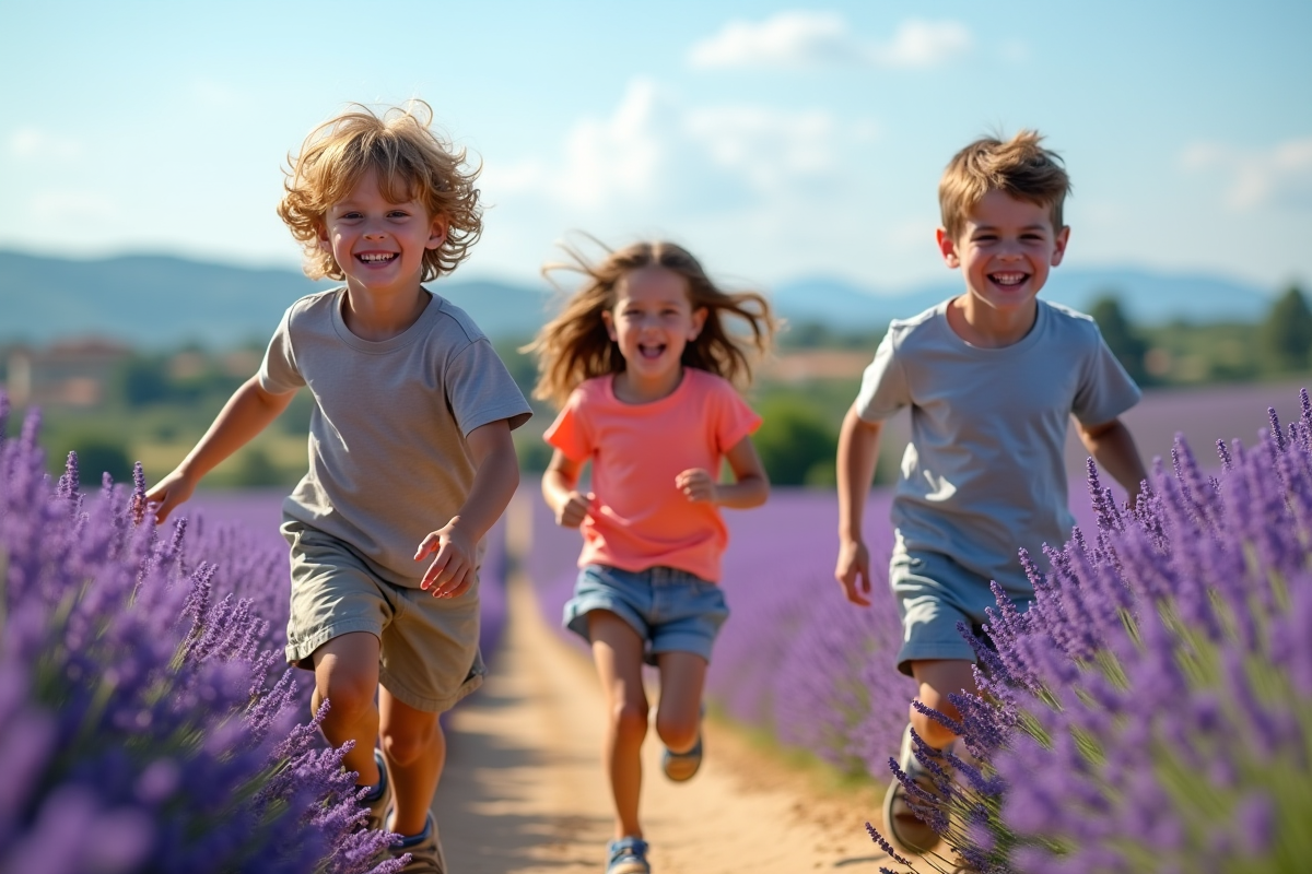Trois enfants courant dans un champ de lavande en Provence