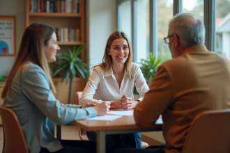 Jeune enseignante discutant avec un couple dans un bureau scolaire
