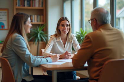 Jeune enseignante discutant avec un couple dans un bureau scolaire