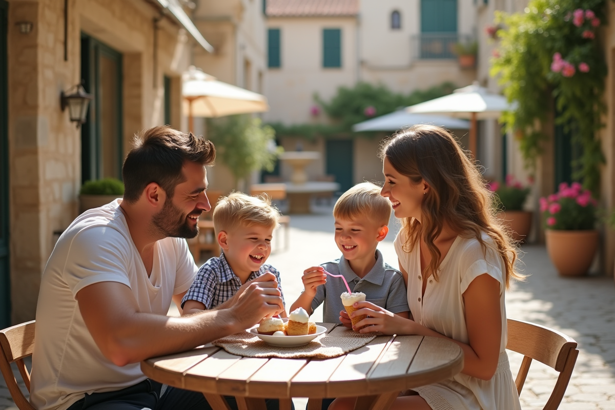 Famille partageant une glace dans un village du sud de la France