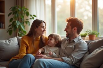 Famille souriante dans un salon moderne et chaleureux