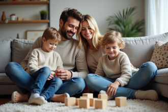 Famille dans un salon scandinave regardant leurs enfants jouer