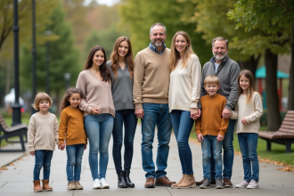 Quatre familles diverses dans un parc urbain en plein air