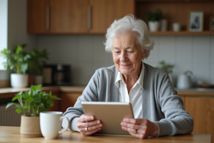 Femme agee utilisant une tablette dans la cuisine chaleureuse