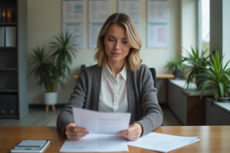 Femme en bureau administratif examinant des documents