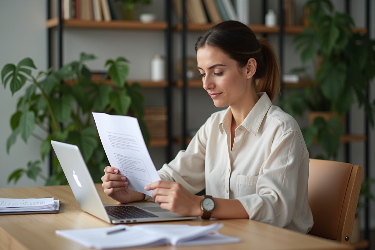 Femme en bureau minimaliste en train de lire des documents