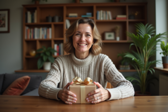 Femme souriante tenant un cadeau dans un intérieur chaleureux