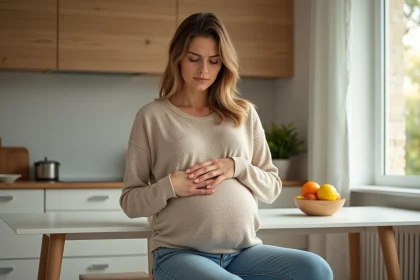 Femme enceinte assise à la cuisine dans un intérieur moderne