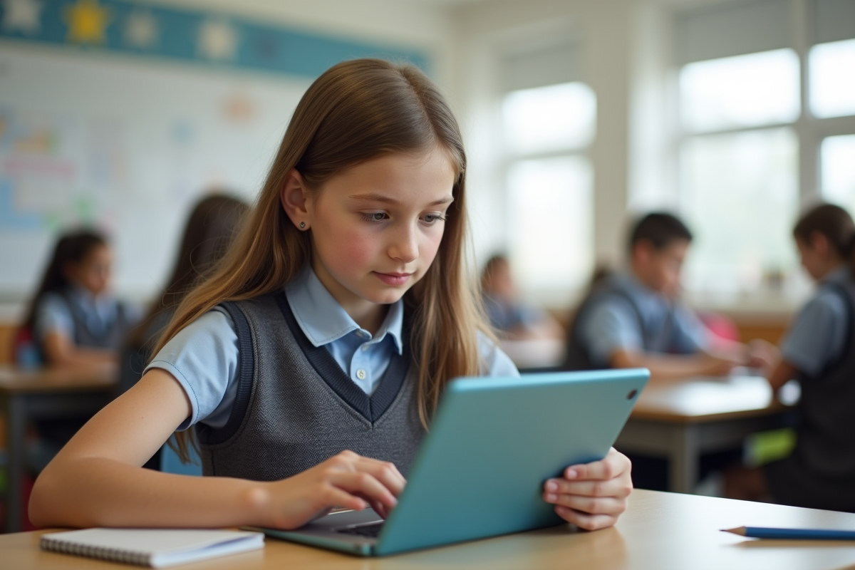 Jeune fille en classe utilisant une tablette éducative