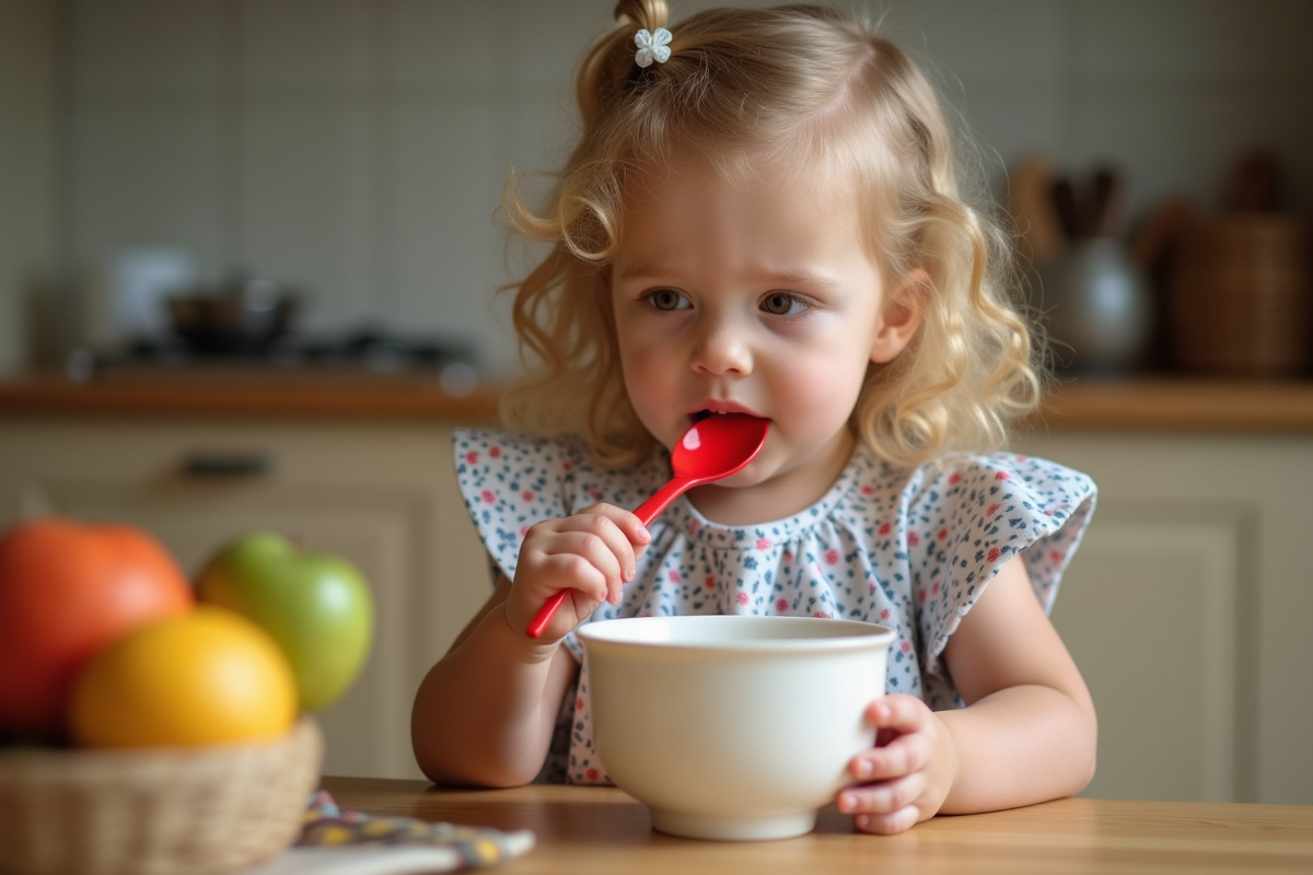 Fille de trois ans explore une cuillère rouge à la table