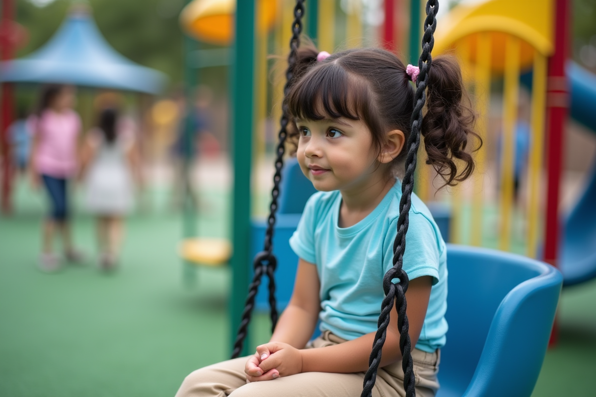 Fille de six ans sur une balançoire dans un parc