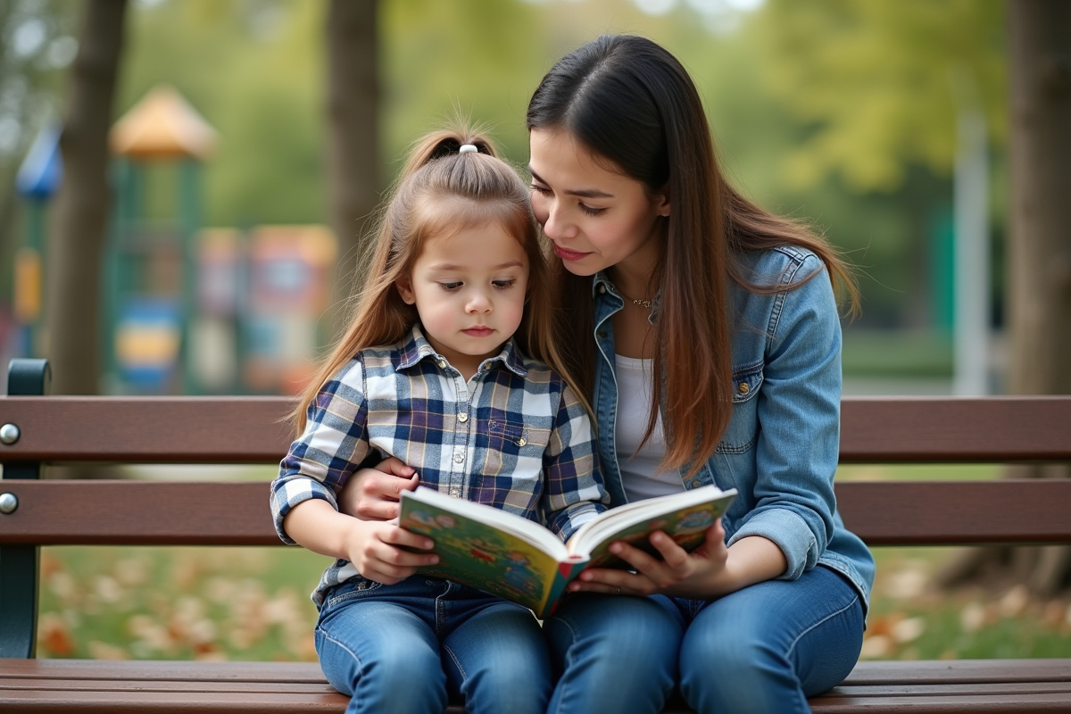 Fille de cinq ans lisant avec sa mère au parc