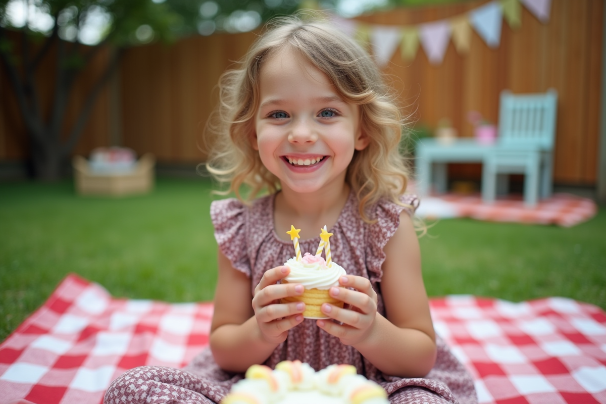 Fille souriante mangeant un morceau de gâteau en plein air