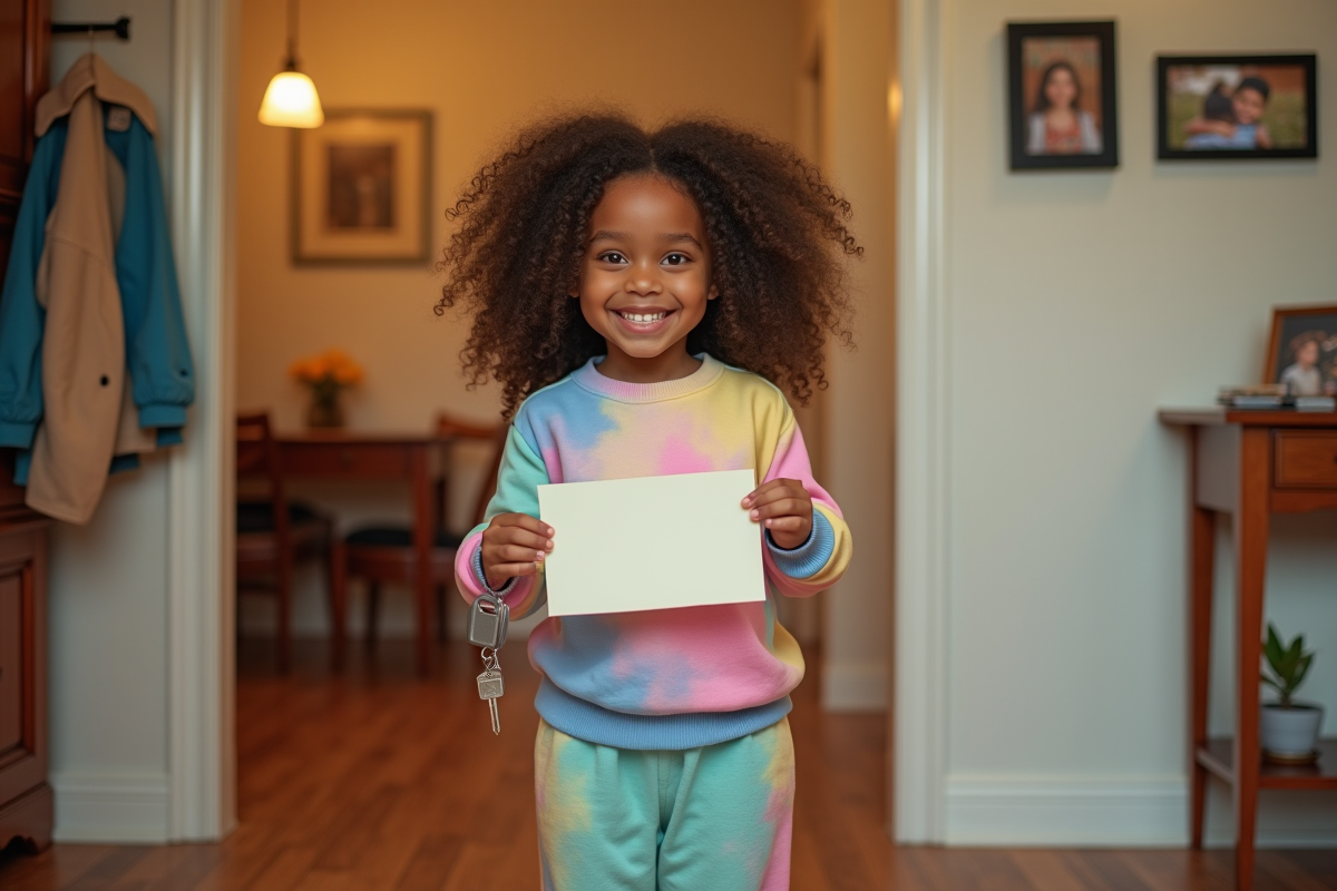Fille de 9 ans souriante tenant une note dans le couloir