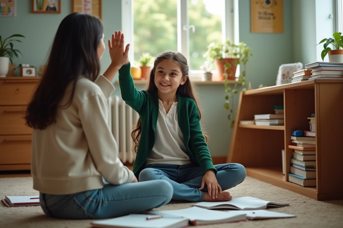 Fille de 12 ans souriante avec sa mère à la maison