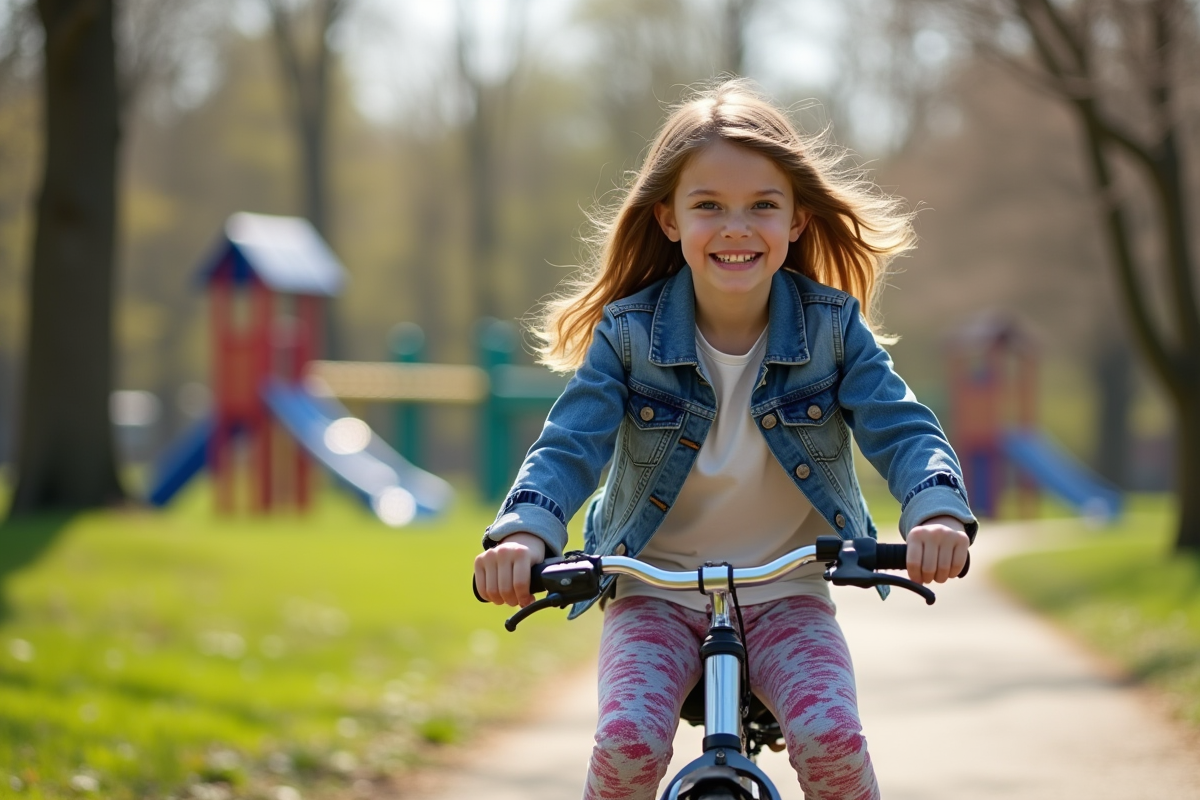 Fille de 11 ans en vélo dans un parc au printemps