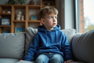 Garçon de 9 ans assis sur un canapé gris dans un salon moderne