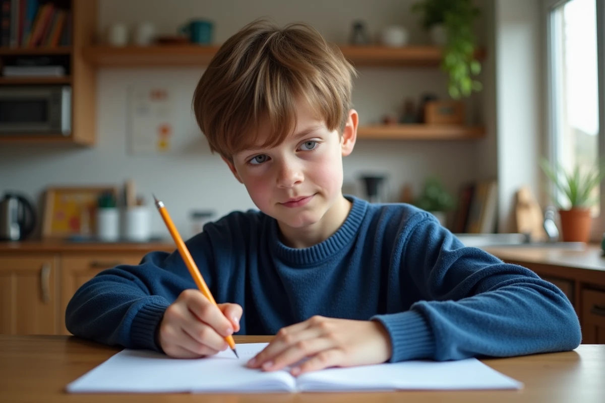 Garçon de 10 ans faisant ses devoirs à la maison