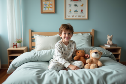 Garçon de 7 ans dans son lit avec ses peluches