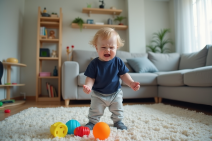 Garçon de deux ans en colère dans un salon moderne