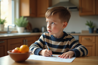 Garçon de cinq ans coloriant dans une cuisine chaleureuse
