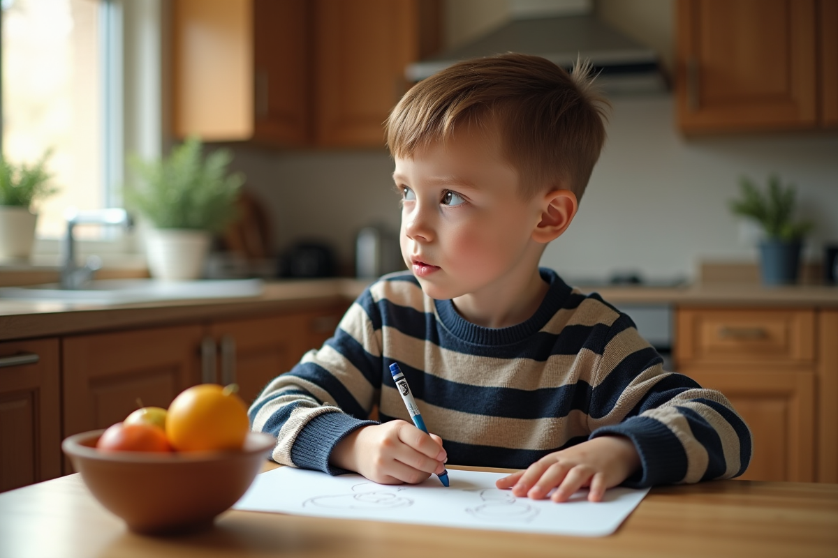 Garçon de cinq ans coloriant dans une cuisine chaleureuse