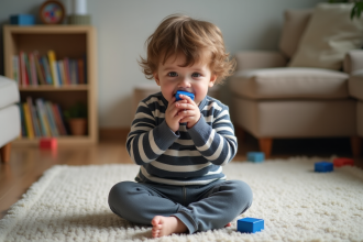 Garçon de trois ans avec cheveux bruns joue sur le tapis