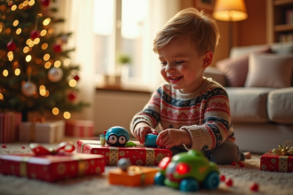 Garçon de 3 ans joyeux déballant un jouet éducatif de Noël
