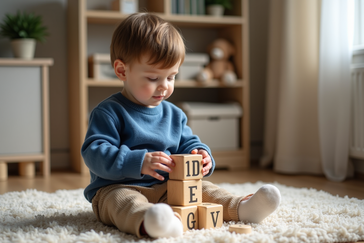 Garçon de trois ans jouant avec des blocs en bois