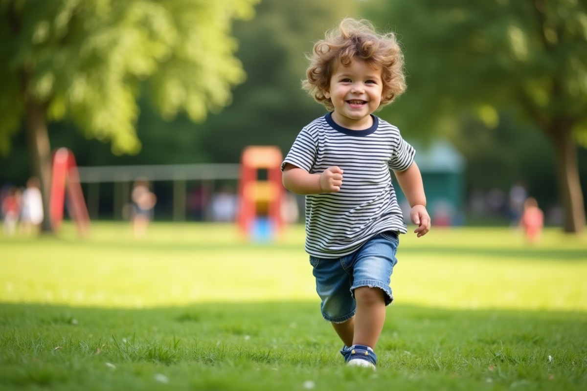 Garcon de deux ans courant dans un parc ensoleille
