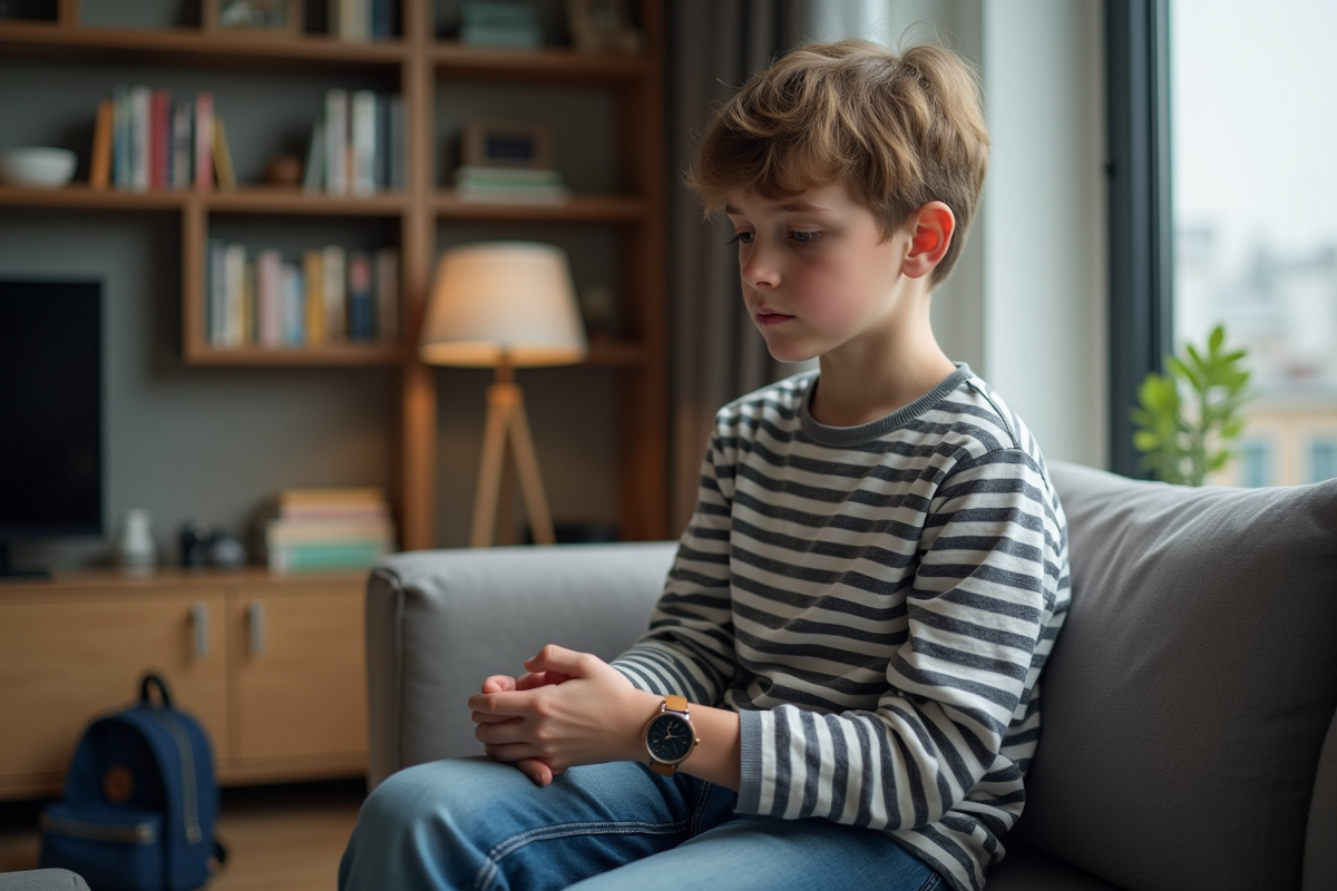 Garçon de 11 ans regardant sa montre dans le salon