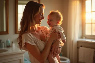 Bébé souriant dans un bain mousseux avec ses parents attentifs